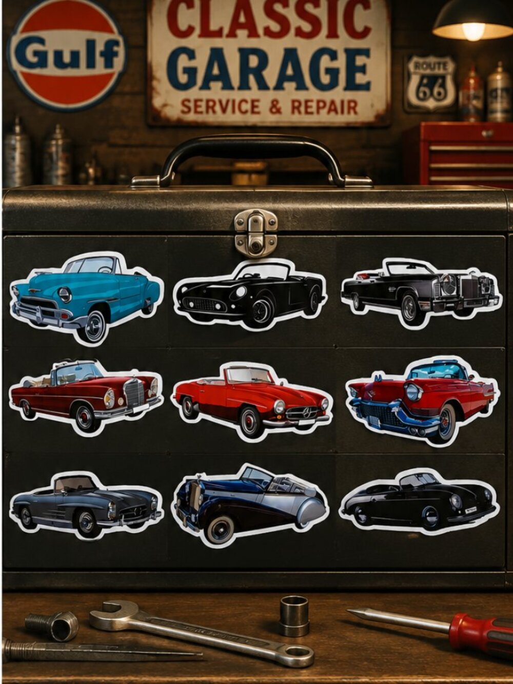Classic Car Stickers Vintage Convertible Roadster Cruiser Vinyl Decals 9pc Set